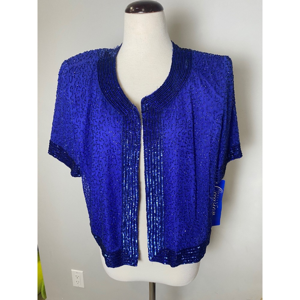 Vintage Special Occasion Royal Blue Beaded Sequin Evening Bolero Jacket NWT 90s